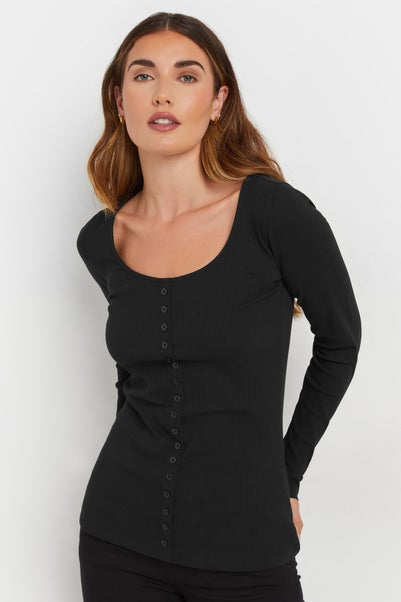 Long Tall Sally Black Ribbed Button Long Sleeve Top