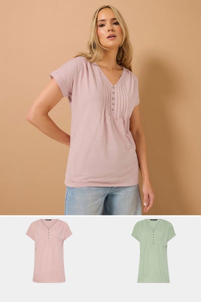 Long Tall Sally 2 Pack Sage Green & Pink Cotton Henley Tops