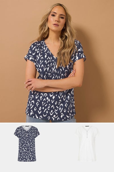 Long Tall Sally 2 Pack Navy Blue & White Abstract Cotton Henley Tops