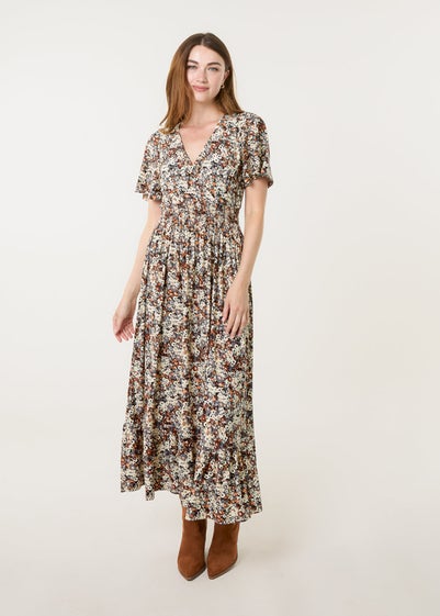 Blue Vanilla Multi Ditsy Floral Wrap Front Shirred Waist Maxi Dress