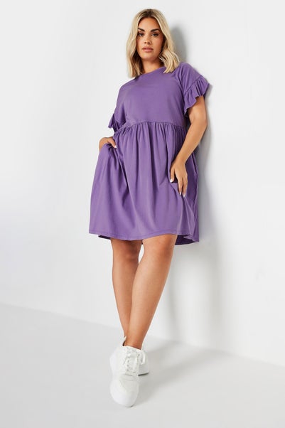 Yours Curve Purple Acid Wash Frill Sleeve Mini Dress