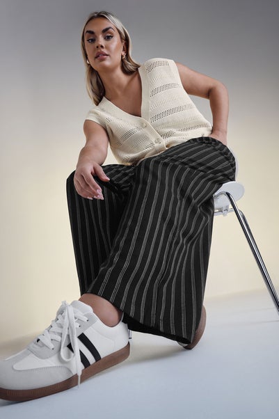 Yours Curve Black Pinstripe Wide Leg Trousers