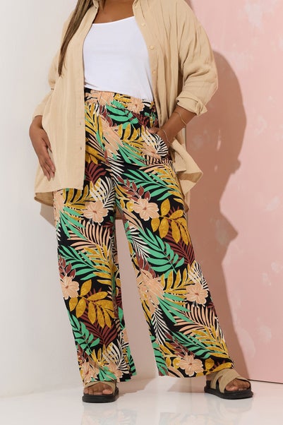 Yours Curve Black Tropical Print Wide Leg Trousers