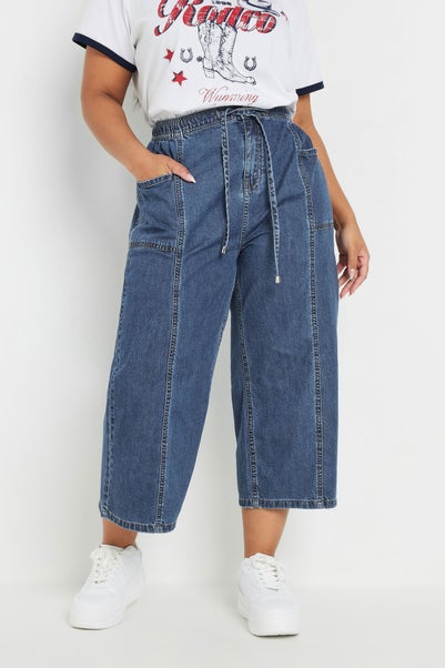 Yours Curve Blue Wide Leg Cropped Denim Jeans