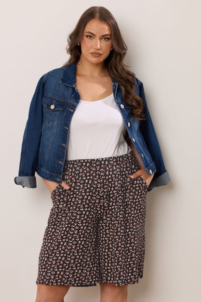 Yours Curve Black Ditsy Floral Print Shorts