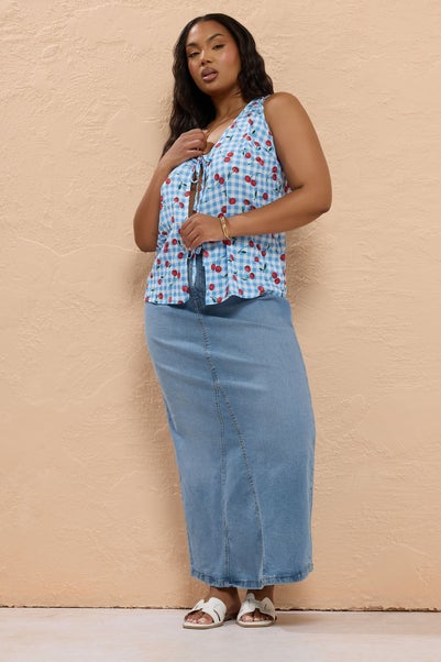 Yours Curve Blue Stretch Denim Maxi Skirt