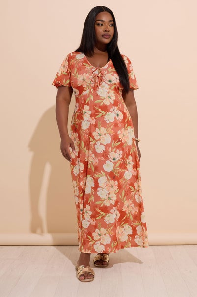 Yours Curve Rust Brown Floral Bow Front Maxi Dress