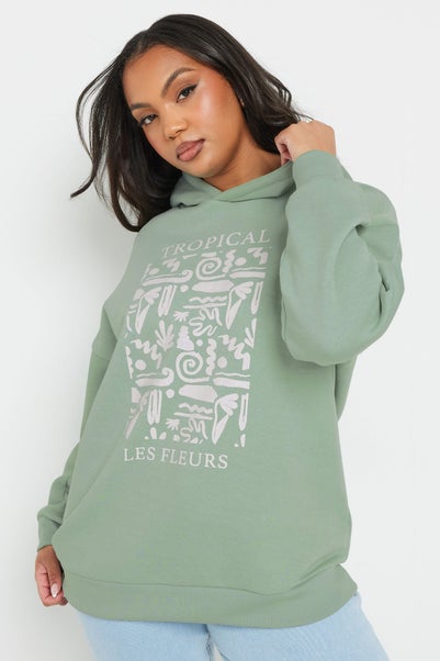 Yours Curve Sage Green Tropical Abstract Print Hoodie