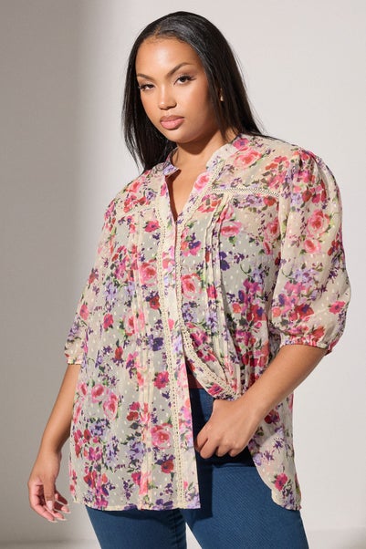 YOURS LONDON Curve White Floral Dobby Crochet Trim Blouse