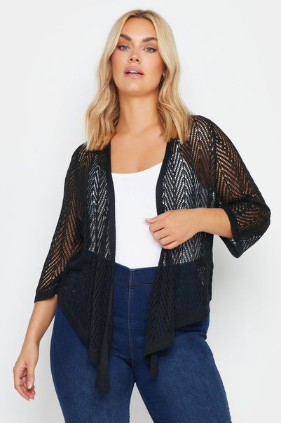 Yours Curve Black Crochet Open Waterfall Cardigan