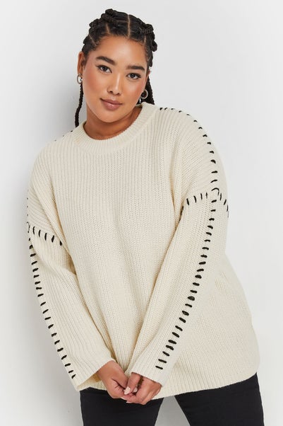 YOURS Curve Cream Contrast Stitch Knitted Jumper