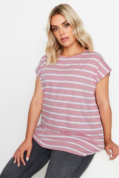 Yours Curve Pink Stripe Grown On Sleeve T-Shirt