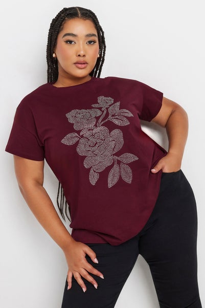 Yours Curve Burgundy Red Stud Embellished Floral Top