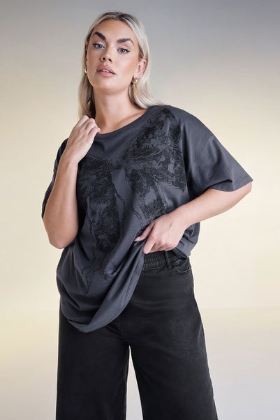 Yours Curve Grey Bow Print Oversized T-Shirt