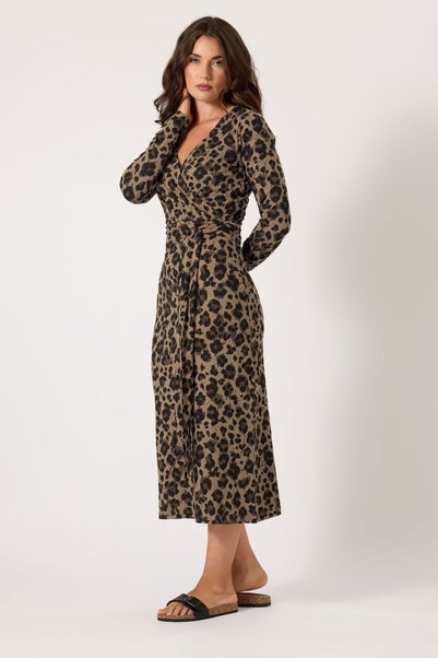 Long Tall Sally Brown Leopard Print Wrap Dress