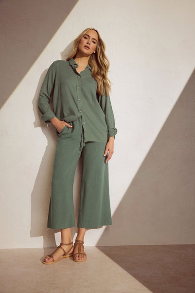 Long Tall Sally Green Linen Cropped Wide Leg Trousers