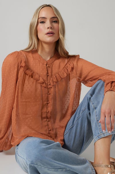 LTS Tall Coral Pink Sheer Dobby Frill Blouse
