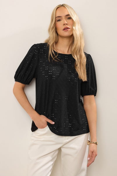 Long Tall Sally Black Broderie Puff Sleeve Top