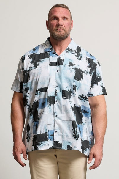 BadRhino Big & Tall Black & Blue Distressed Peached Short Sleeve Revere Collar Shirt
