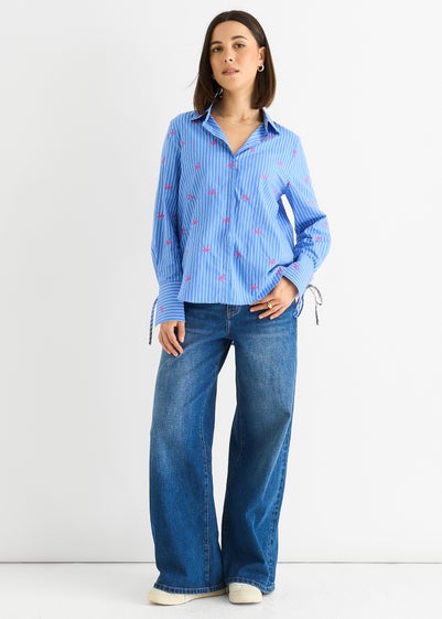 Gini London Blue Bow Embroidered Extreme Cuff Stripe Shirt