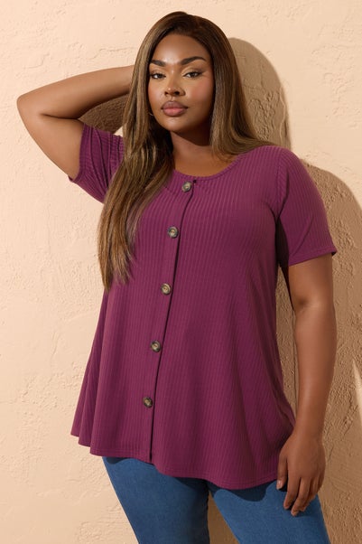 Yours Curve Purple Button Front Ribbed Swing Top