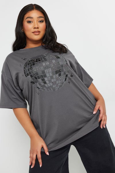 Yours Curve Grey Stud Embellished Disco Ball T-Shirt
