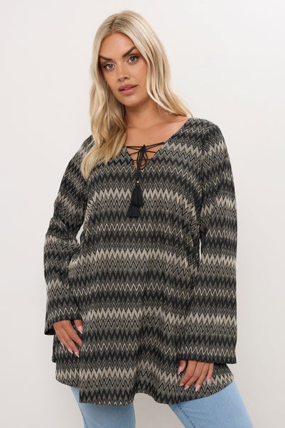 Yours Curve Black Metallic Zig Zag Tie Neck Tunic Top