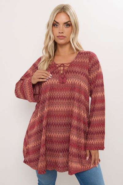 Yours Curve Rust Orange Metallic Zig Zag Tie Neck Tunic Top