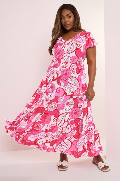Yours Curve Pink Floral Crinkle Thrown On Maxi Dress