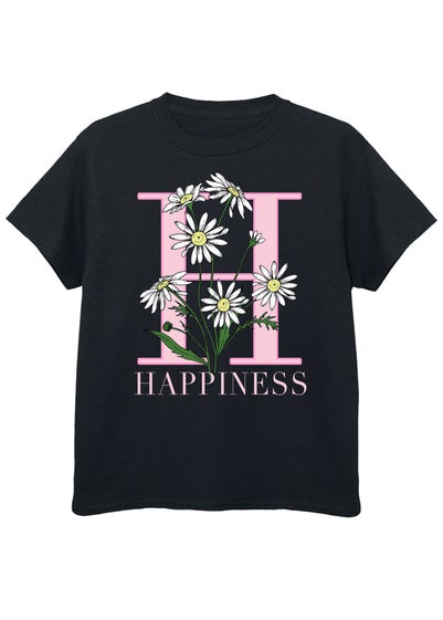Brands In Happiness Flowers Kids Black Graphic T-Shirt (3-13 Years)