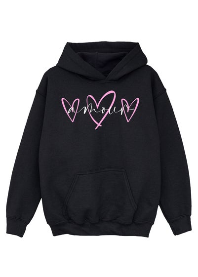 Brands In Amour Hearts Kids Black Graphic Hoodie (3-13 Years)