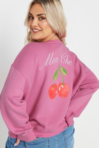 Yours Curve Pink Mon Cheri Cherry Back Print Sweatshirt
