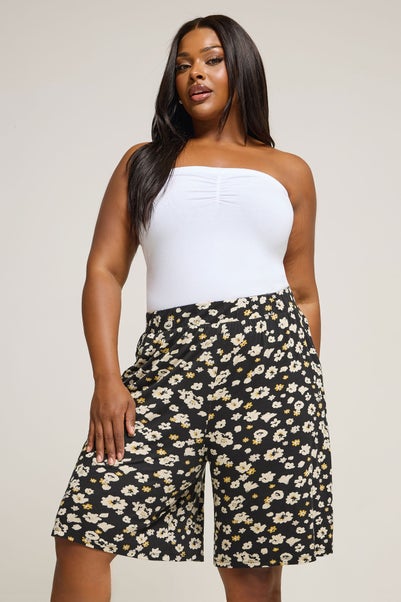 Yours Curve Black & Yellow Floral Jersey Shorts