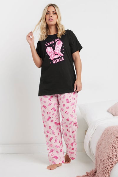 Yours Curve Black Pink Lets Go Girls Cowboy Boot Wide Leg Pyjama Set