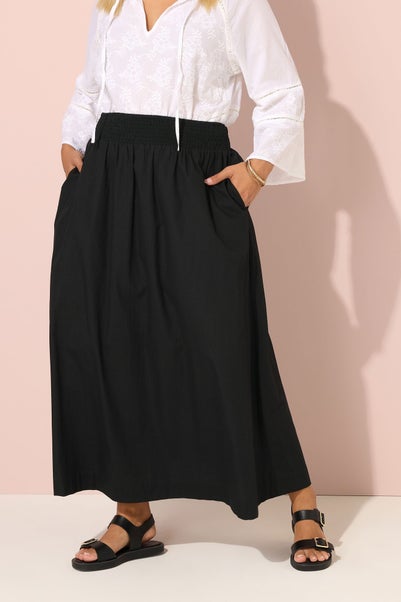 Yours Curve Black Poplin Shirred Waist Maxi Skirt
