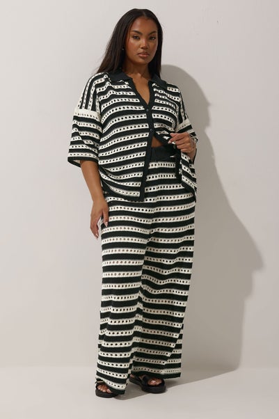 LIMITED COLLECTION Curve Black & White Stripe Crochet Wide Leg Trousers