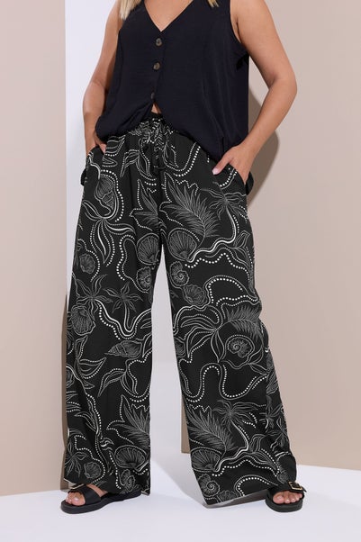 Yours Curve Black Shell Print Wide Leg Trousers