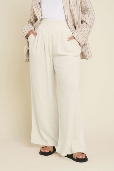 Yours Curve Natural Brown Pleat Front Linen Trousers