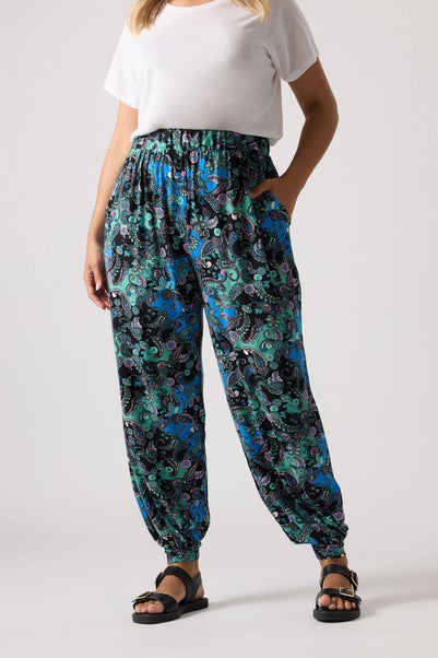 Yours Curve Blue Paisley Print Cuffed Harem Trousers