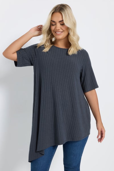 Yours Curve Charcoal Grey Asymmetric Ribbed T-Shirt