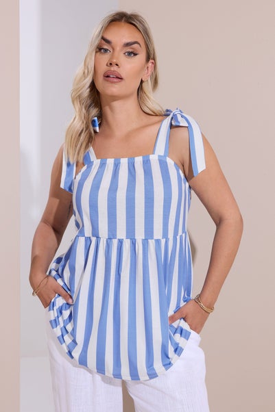 Yours Curve Blue Stripe Tie Sleeve Peplum Top