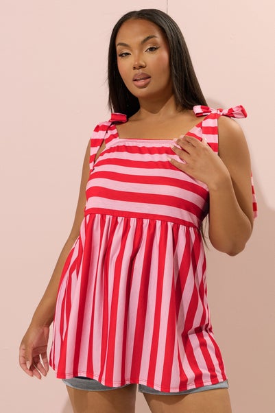 Yours Curve Red Stripe Tie Sleeve Peplum Top