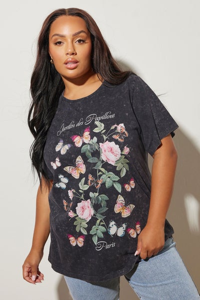 Yours Curve Grey Acid Wash Floral Slogan T-Shirt