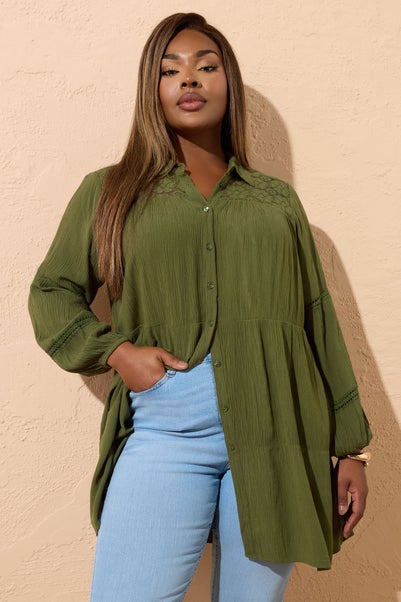 YOURS Curve Khaki Green Tiered Crochet Detail Shirt