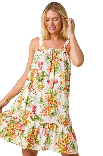 Roman Ivory Petite Print Strap Detail Frill Hem Dress