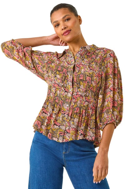 Roman Brown Shirred Printed Front Button Blouse