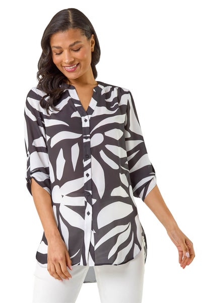 Roman Black Mono Print Button Front Blouse