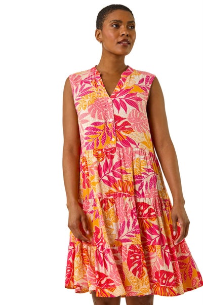 Roman Pink Leaf Print Button Smock Dress