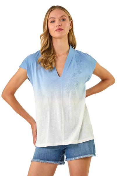 Roman Blue Dip Dye Embroidered Top