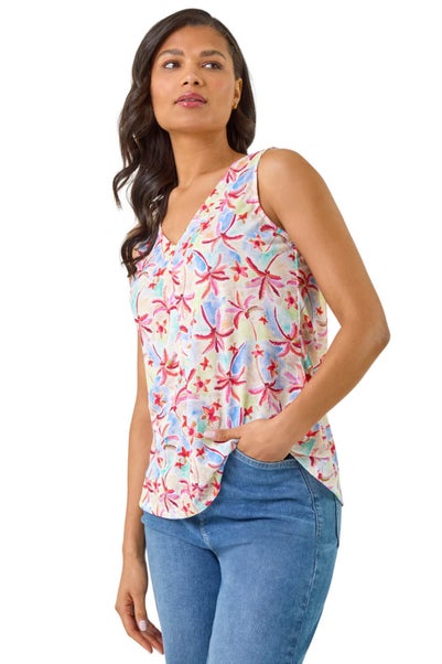 Roman Blue Floral Print Bar Back Vest Top